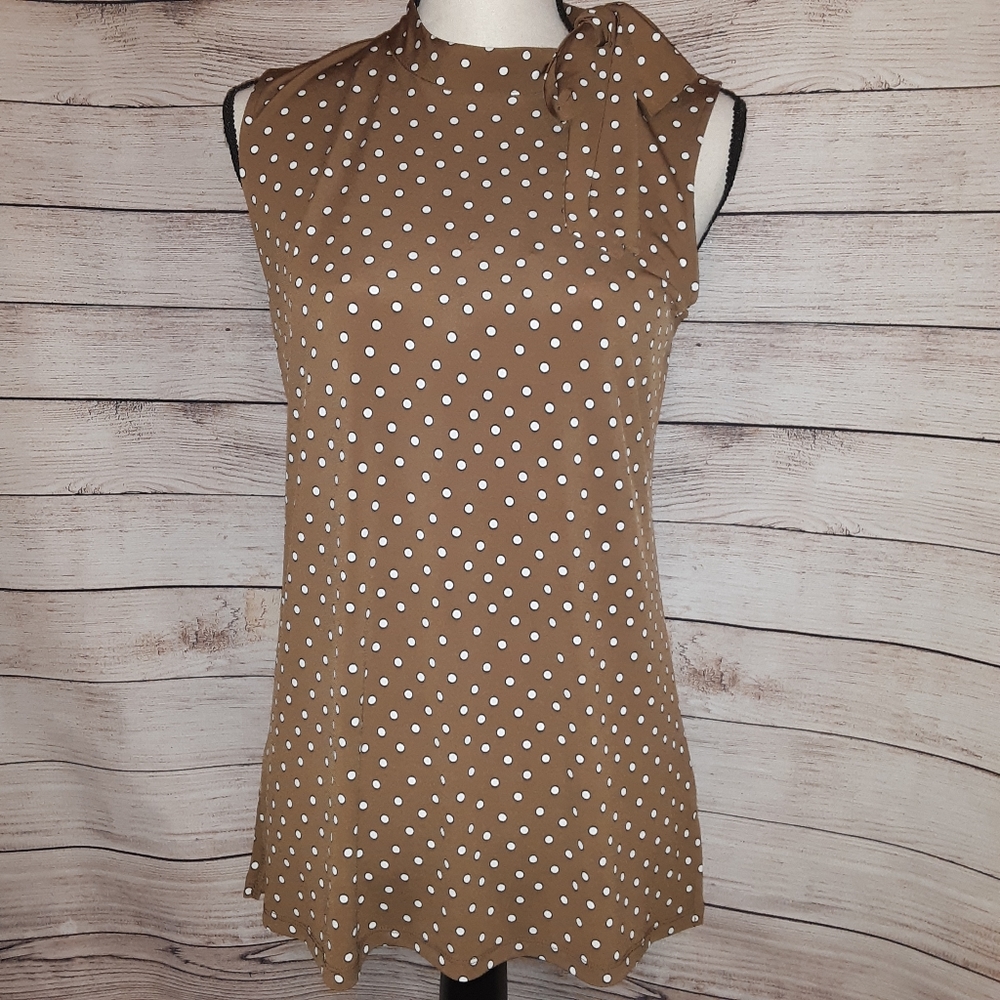 ATF Brown W/White Dots Bow Neck Top